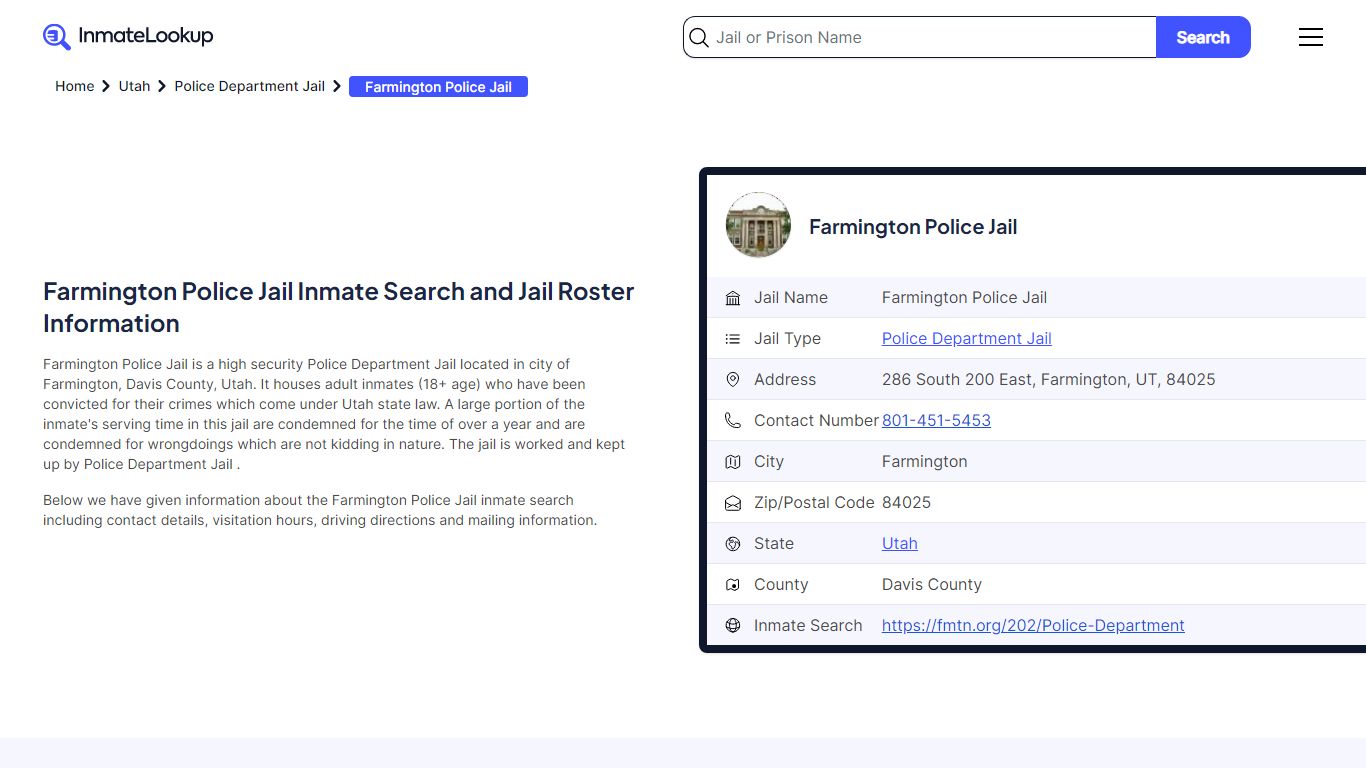 Farmington Police Jail Inmate Search and Jail Roster Information